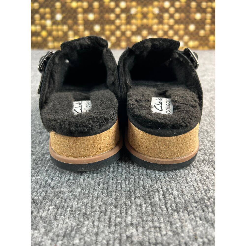 Clarks Brynn Black Suede Clogs WM Size 7 M Faux Fur Lined Buckle Mule Slippers - Picture 4 of 12